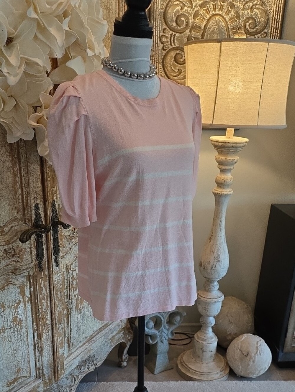 Anne Klein Pink and White Striped Short Sleeve Puff Top - Picture 3 of 10
